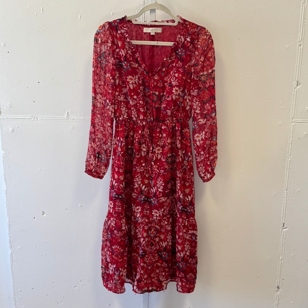 Loft Red Floral Swiss Dot Midi Dress Longβ Sleeve Button Front V-Neck XS Red